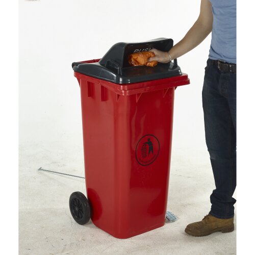 Red Wheelie Bin with Push Flap Lid - in Use
