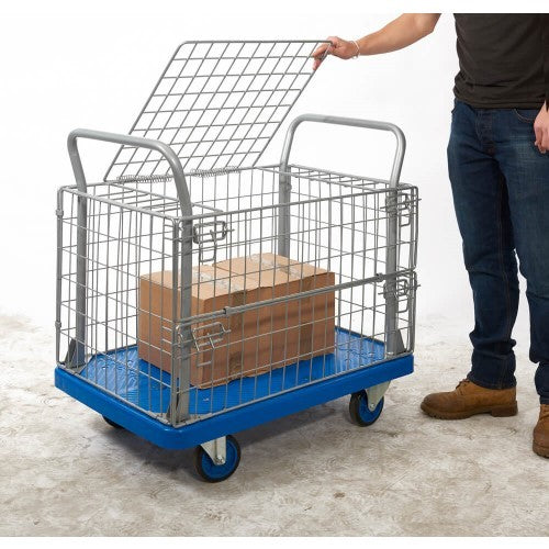 Proplaz Blue Platform Trolley with Mesh Sides and Hinged Lid Top