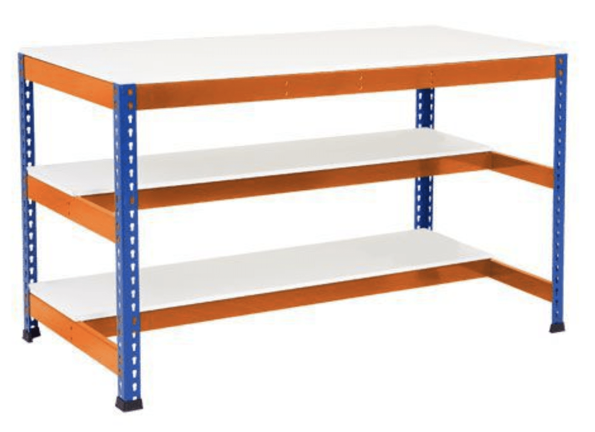 heavy duty workbench two half shelves melamine blue orange