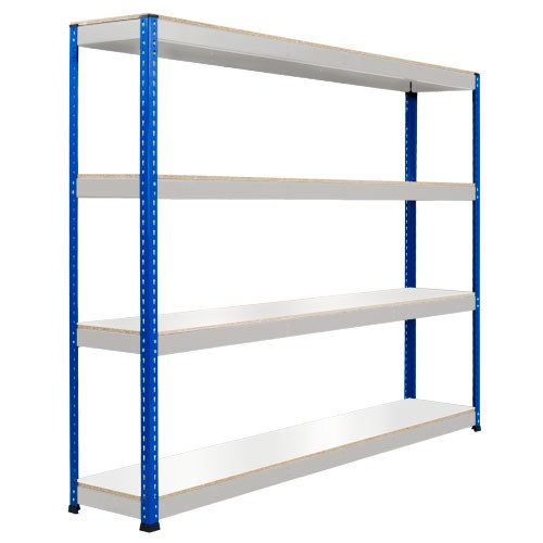 Heavy Duty Shelving with 4 Levels 2134mm Wide blue grey melamine shelves