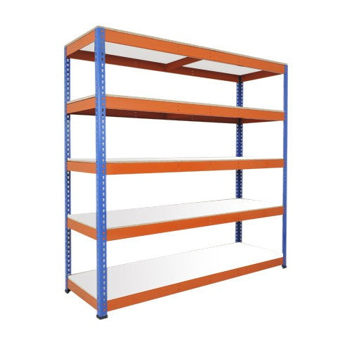 Heavy Duty Shelving with 5 Levels 2440mm Wide blue orange melamine shelves