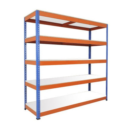 Heavy Duty Shelving with 5 Levels 2440mm Wide blue orange melamine shelves