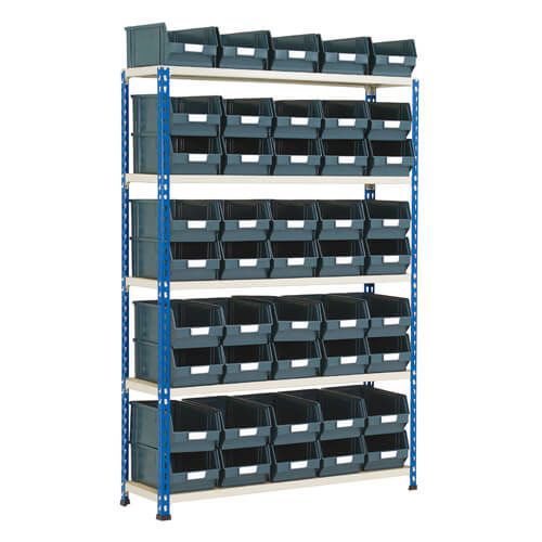 shelving bay with plastic bins
