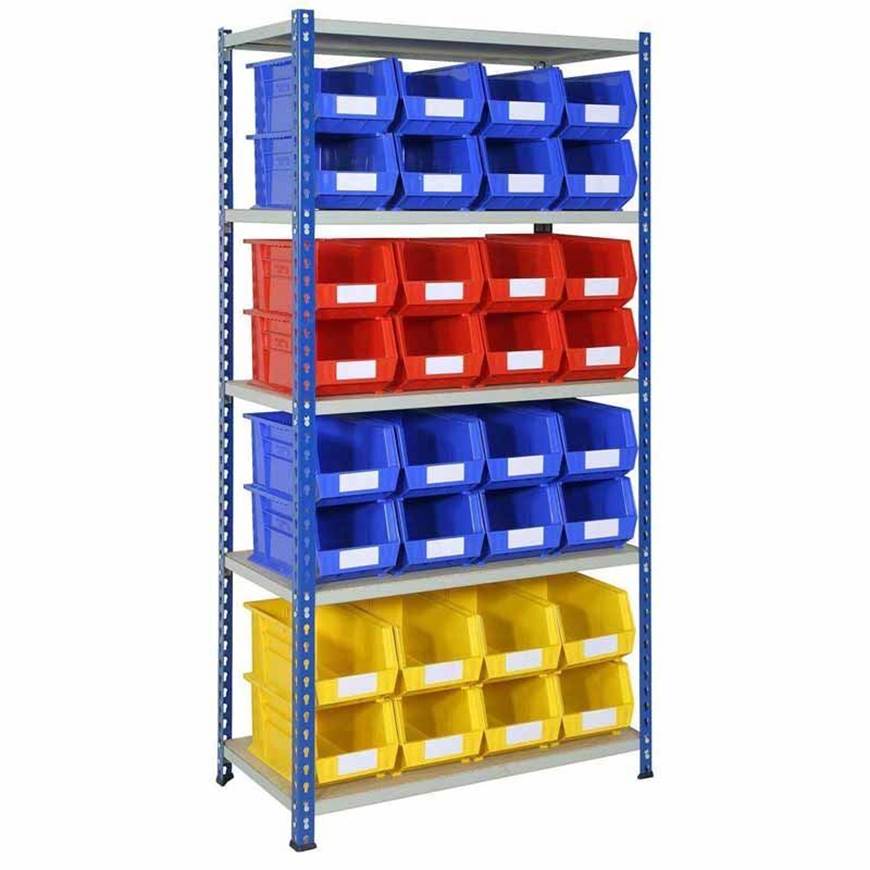 shelving with plastic bins