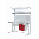 Industrial Workbench with Accessories and Red Drawers