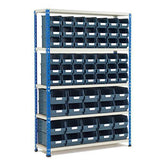 shelving bay with plastic bins