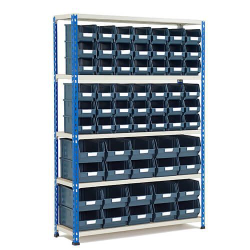 shelving bay with plastic bins